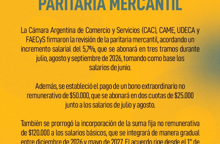 Se firmó la revisión de la Paritaria Mercantil